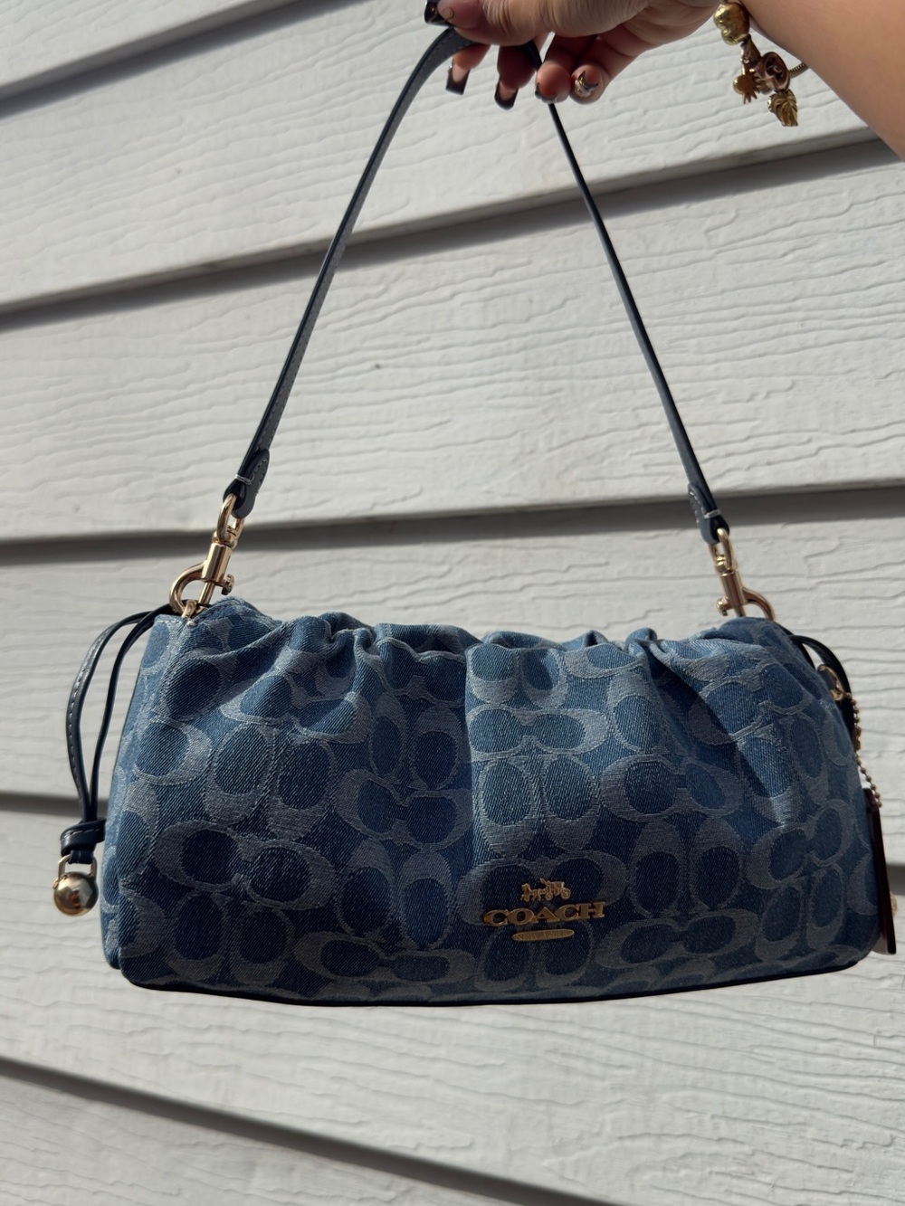 Coach Faye Blue Denim Signature Denim Shoulder Bag with Gold Hardware